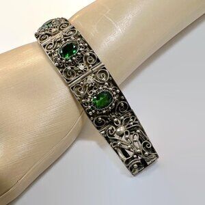 Vintage Bracelet, Sterling Silver: Cannetille Filigree Etruscan Green Gems